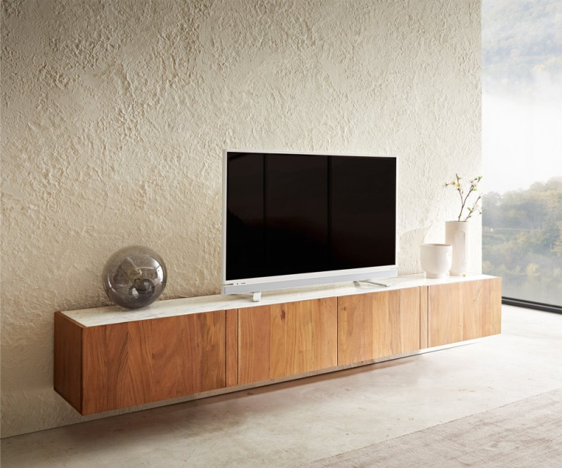 TV stolek Secara 220 cm akácie přírodní 4 dvířka mramor závěsný