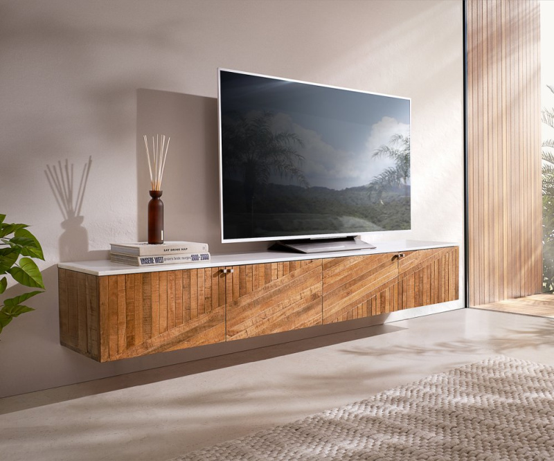 TV stolek Bahan 200 cm teak mango 4 dvířka mramor bílá závěsné