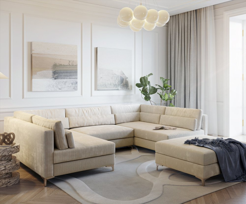 Pohovka ve tvaru "U" Elio 300x185 cm manšestr béžová s taburetem