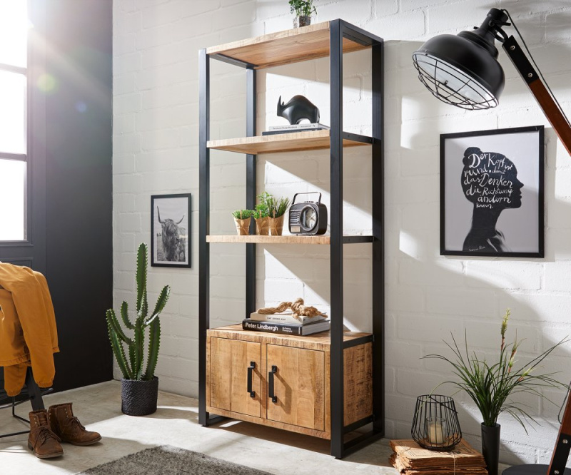 Knihovna Crompton 80x185 cm přírodní mango 3 přihrádky 2 dvířka kov