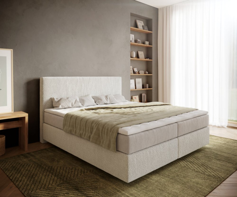 Boxspring postel Dream-Well bouclé krémovo-bílá 180x200 cm