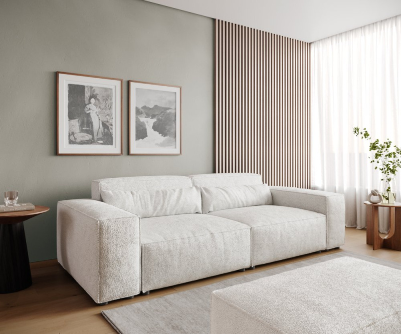 Pohovka XL Sirpio 230x95 cm bouclé krémová bílá s taburetem