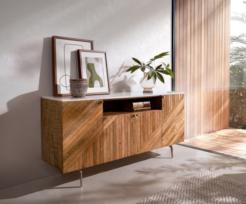 Komoda Bahan 145 cm mango teak 4 dvířka 1 přihrádka mramorová deska