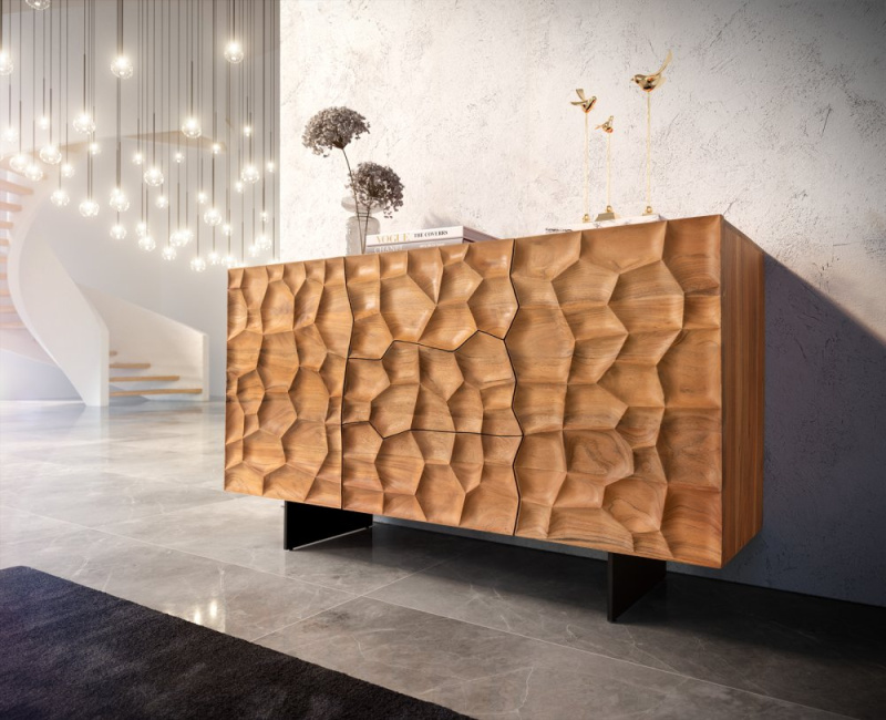 Komoda Solu 145 cm přírodní akácie 2 dvířka 3 zásuvky 3D