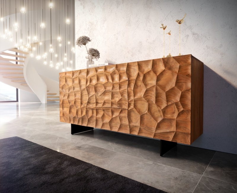 Komoda Solu 175 cm přírodní akácie 2 dvířka 3 zásuvky 3D