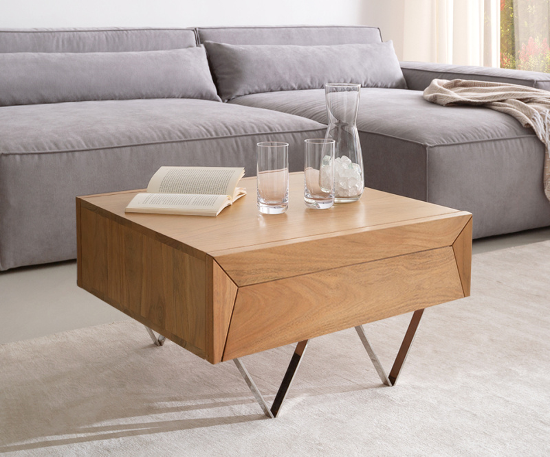 Konferenční stolek Kayu 60x60x20 cm přírodní akácie 2 zásuvky podnož