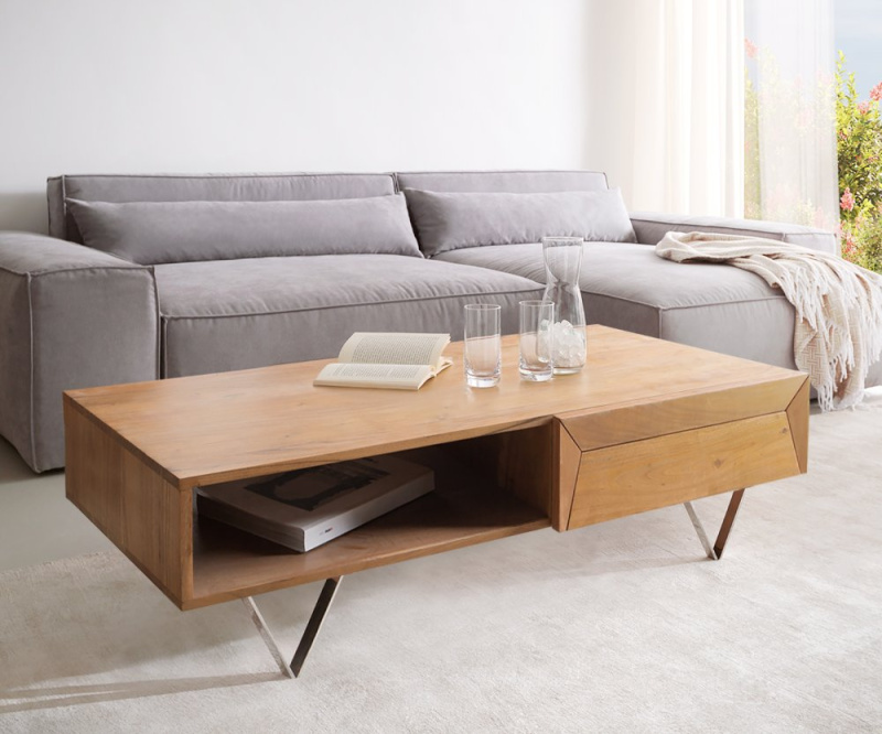 Konferenční stolek Kayu 115x60x40 cm přírodní akácie 2 zásuvky podnož