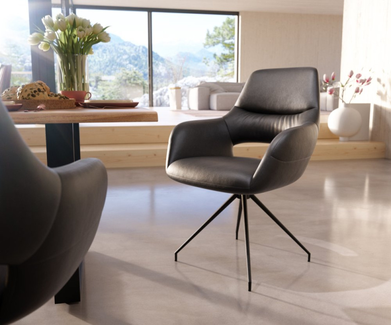 Jídelní židle Yago-Flex křížová podnož zúžená černá pravá kůže černá