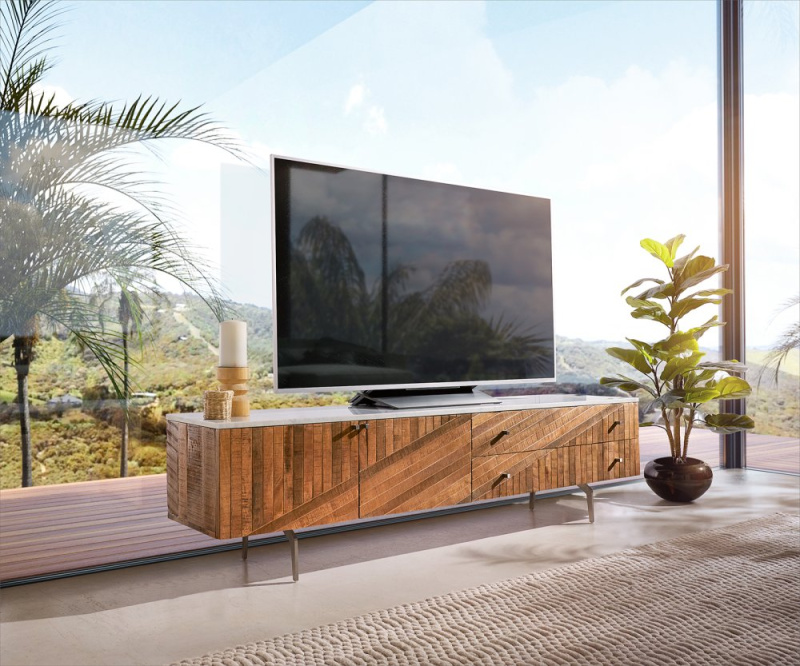 TV stolek Bahan 175 cm mango teak 2 dvířka 2 zásuvky mramor bílá