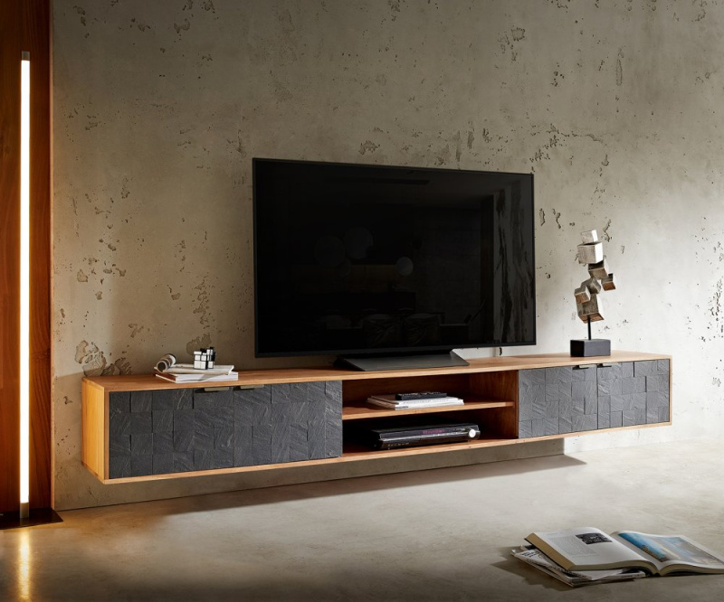 TV stolek Teele 240 cm přírodní akácie břidlice 4 dvířka závěsné