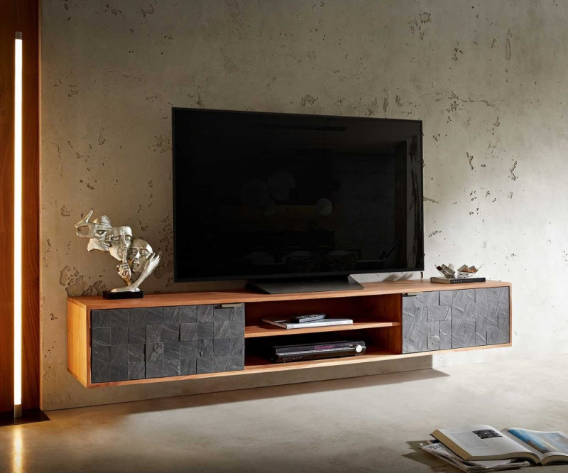 TV stolek Teele 200 cm přírodní akácie břidlice 2 dvířka závěsné