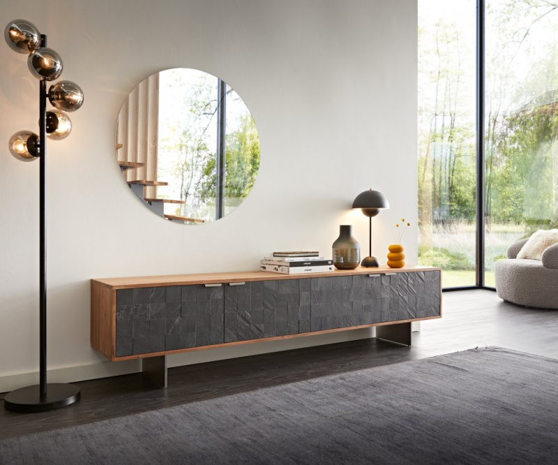 TV stolek Teele 200 cm přírodní akácie břidlice 4 dvířka podnož