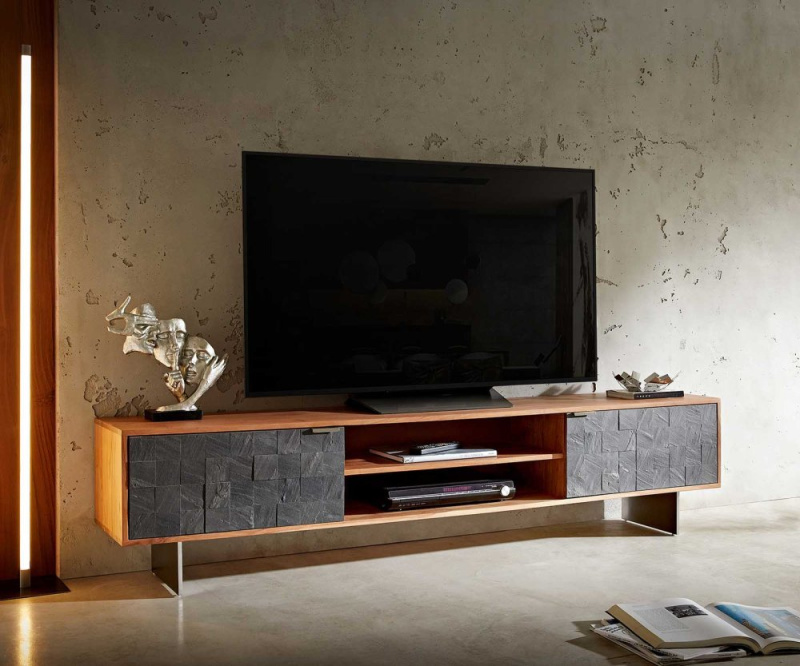 TV stolek Teele 200 cm přírodní akácie břidlice 2 dvířka podnož