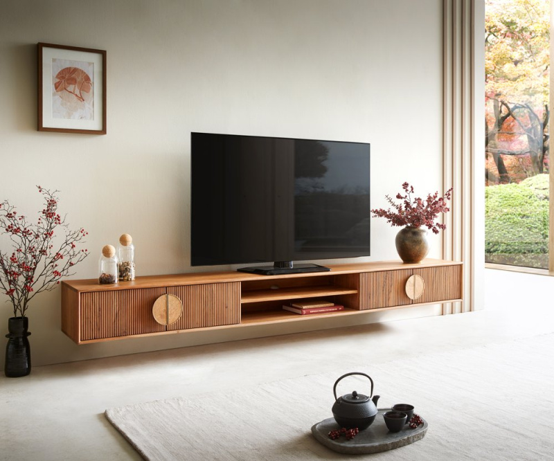 TV stolek Surimu 240x35x25 cm akácie světle hnědá 4 dvířka 2 přihrádky