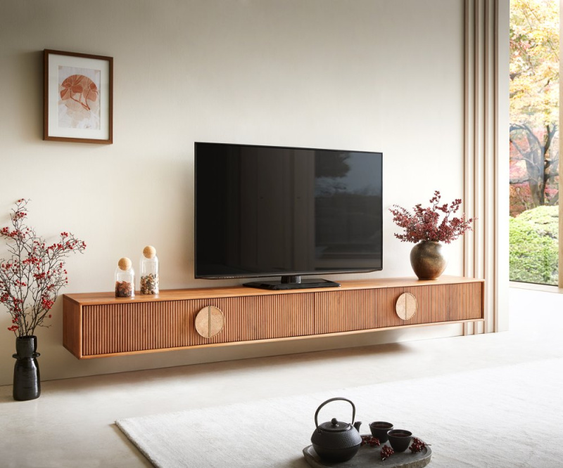 TV stolek Surimu 240x35x25 cm akácie světle hnědá 4 dvířka korkové