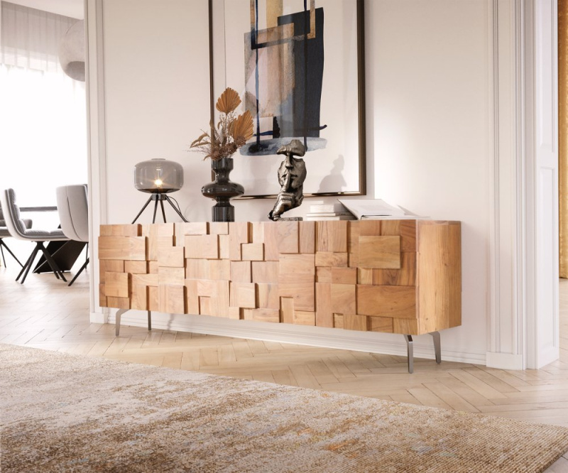 TV stolek Puzzle 175 cm přírodní akácie šikmá podnož nerezová ocel