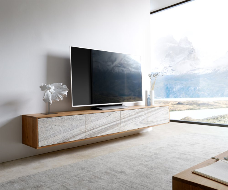 TV stolek Kleo 220 cm přírodní akácie 4 dvířka závěsné