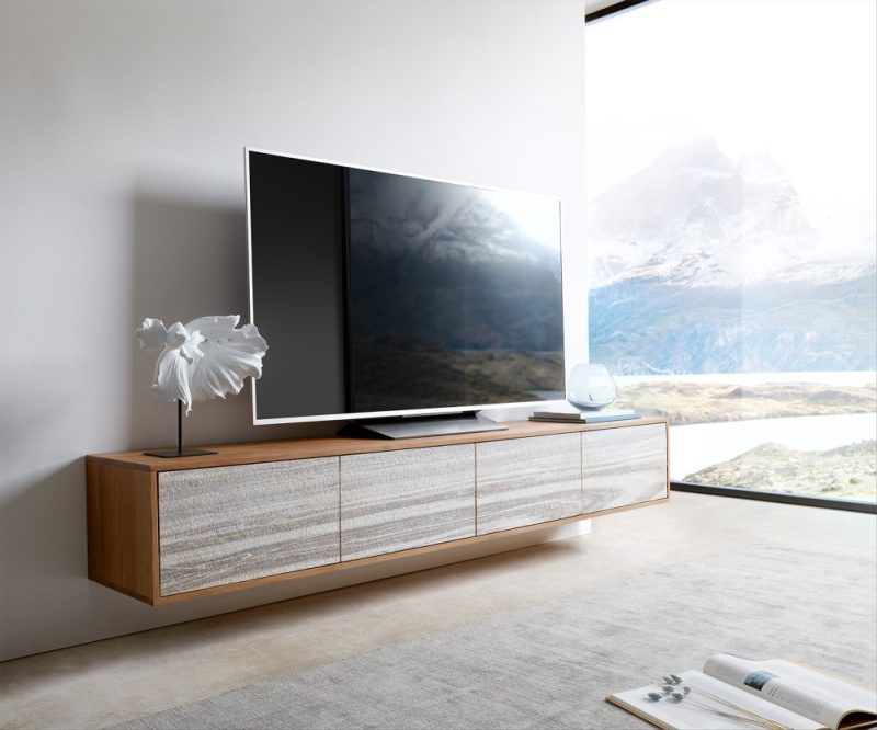 TV stolek Kleo 200 cm přírodní akácie 4 dvířka závěsné