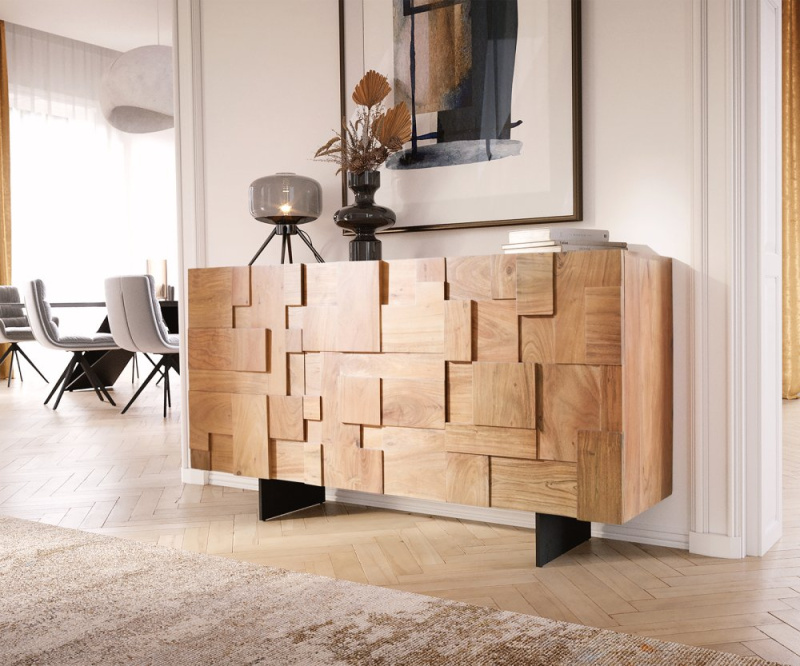 Komoda Puzzle 145 cm přírodní akácie podnož kovová černá