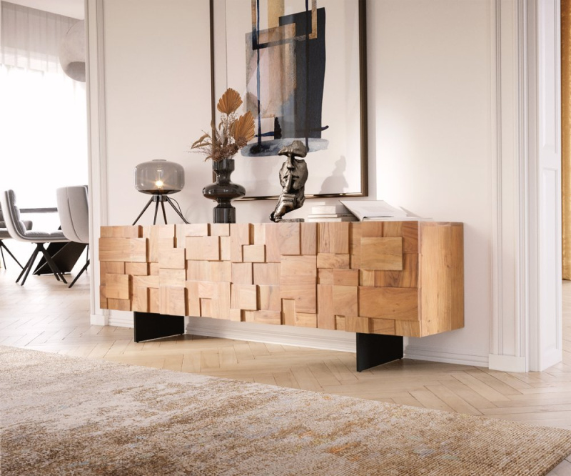 TV stolek Puzzle 175 cm přírodní akácie podnož kovová černá