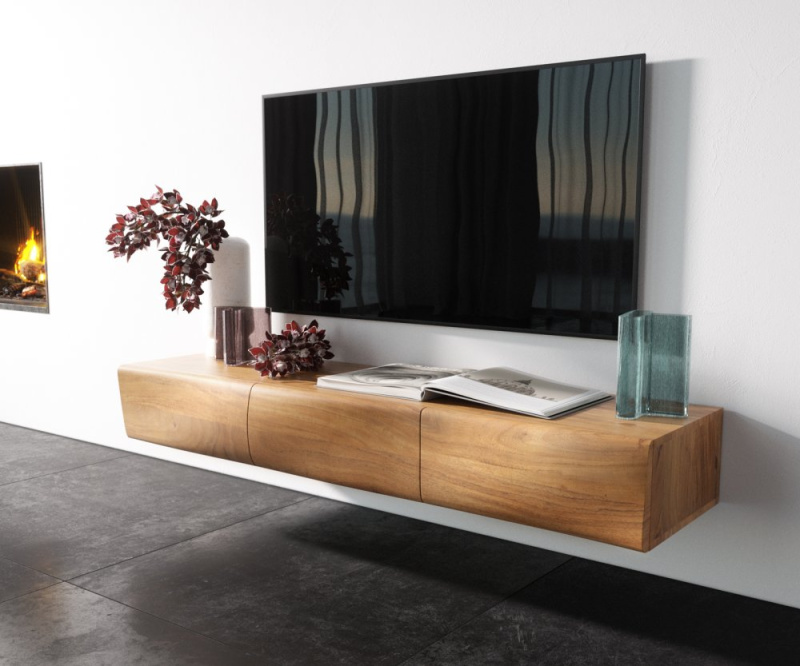 TV stolek Nová 145 cm přírodní akácie 3 dvířka závěsné