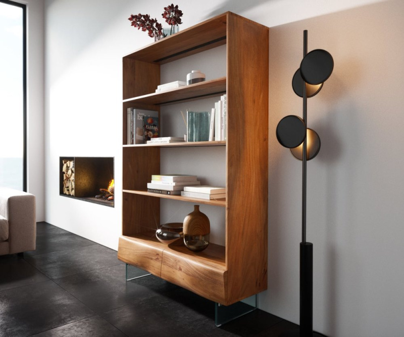 Regál New Live-Edge 115x150 cm akácie přírodní 2 zásuvky skleněná