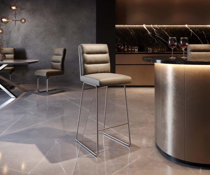 Barová židle Pela-Flex pravá kůže béžová tenká podnož nerezová ocel