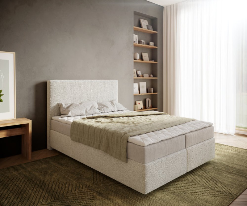 Boxspring postel Dream-Well 140x200 cm bouclé smetanovo-bílá s matrací