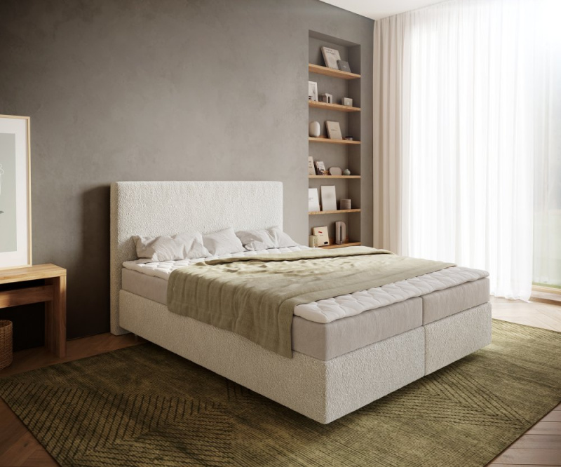 Boxspring postel Dream-Well 160x200 cm bouclé smetanovo-bílá s matrací