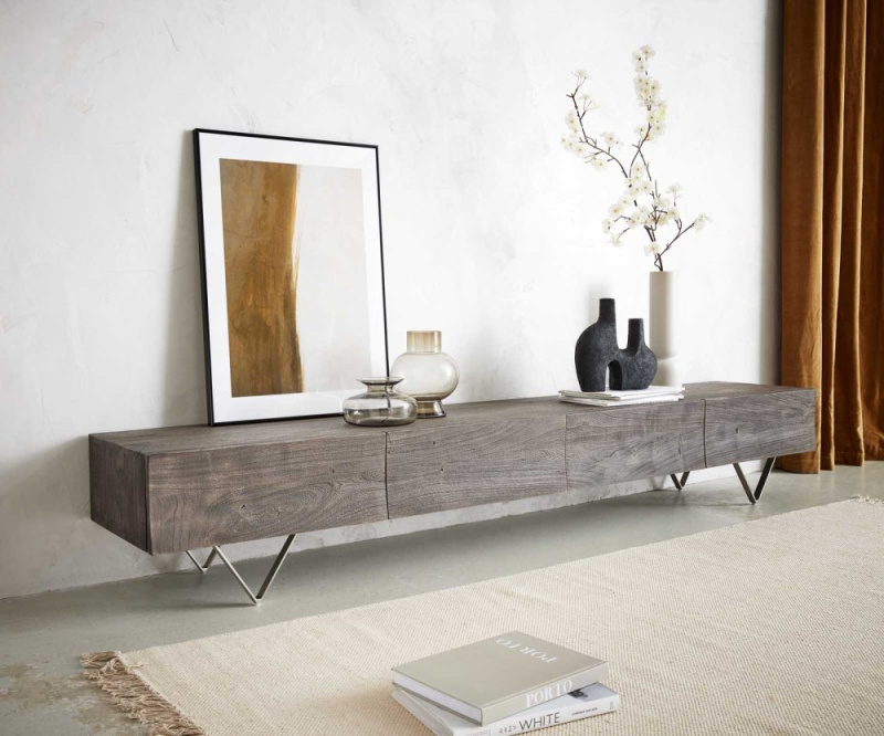 TV stolek Wyatt 220 cm akácie platina 4 zásuvky podnož ve tvaru "V"