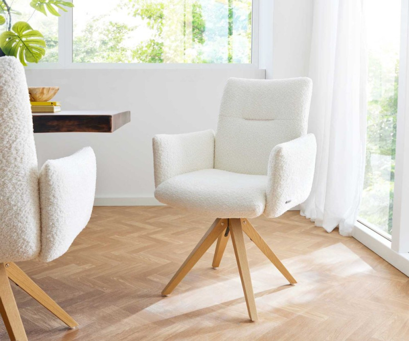 Otočná židle Jova-Flex s područkami dřevěná podnož hranatá bouclé bílá