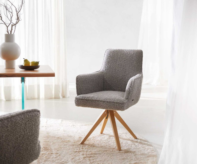 Otočná židle Heira-Flex s područkami dřevěná podnož hranatá bouclé