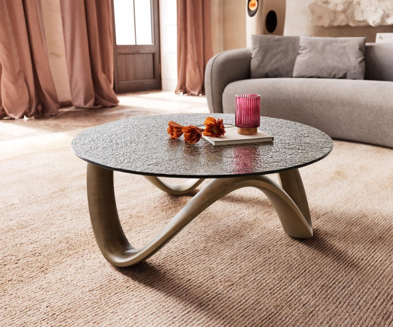 Konferenční stolek Tanju 90x90 cm metalická zlatá reliéfní sklo taupe