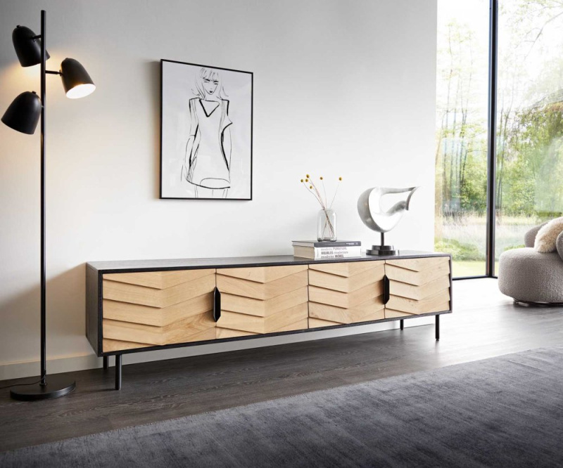 TV stolek Muvi 200 cm dub přírodní mango černý kov černý 4 dvířka
