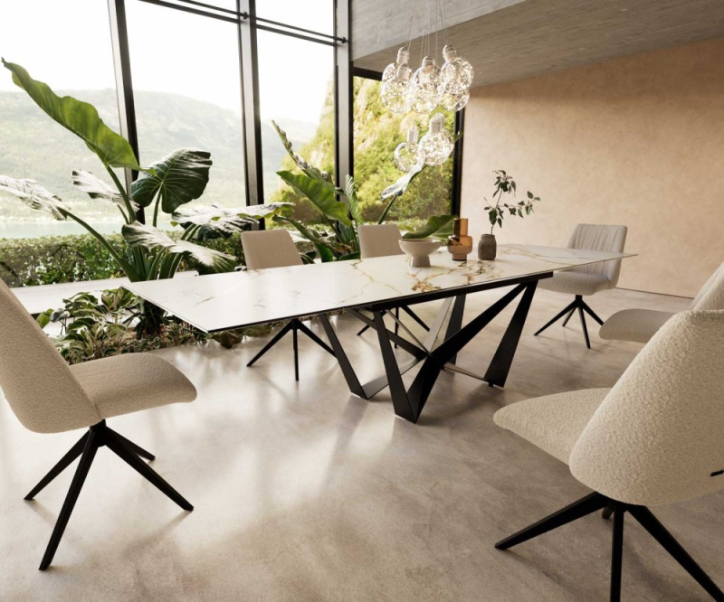 Jídelní stůl Edge 200-300x100 keramika Calacatta Luxe bílo-zlatošedá