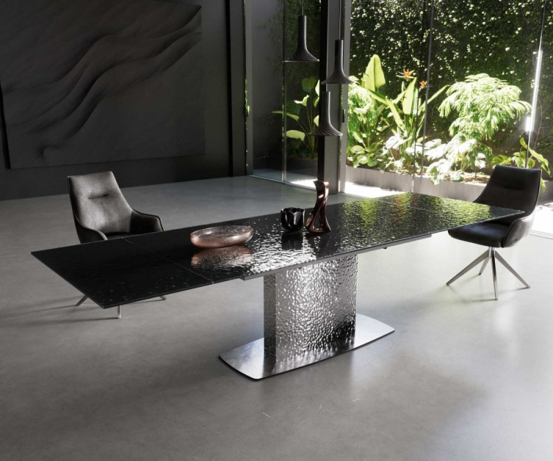 Jídelní stůl Edge 200-300x100 reliéfní sklo kouřově černá 3D design