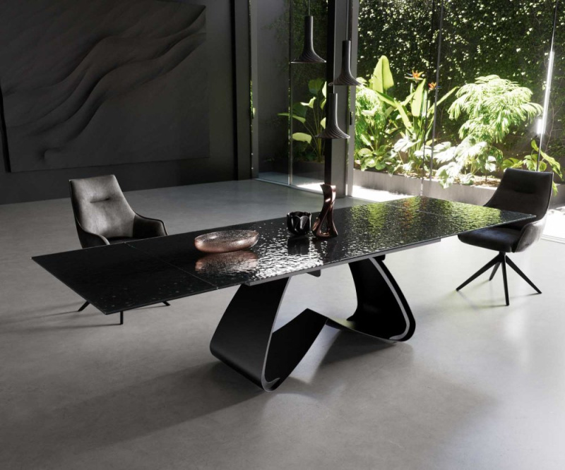 Jídelní stůl Edge 200-300x100 reliéfní sklo kouřové černé 3D design
