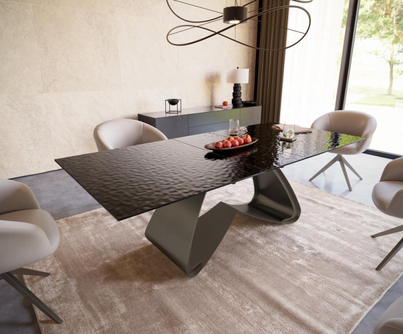 Jídelní stůl Edge 180-220x100 sklo s reliéfem kouřově černé 3D design