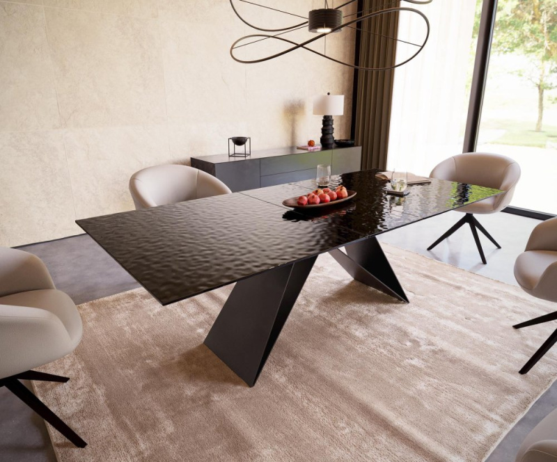 Jídelní stůl Edge 180-220x100 reliéfní sklo kouřové černé 3D design