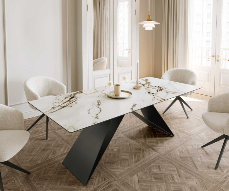 Jídelní stůl Edge 180-220x100 keramika Calacatta Luxe bílo-zlatošedá