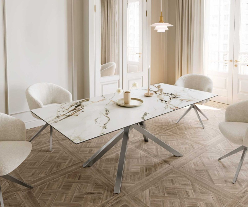 Jídelní stůl Edge 180-220x100 keramika Calacatta Luxe bílo-zlatošedá