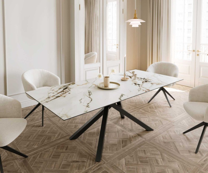 Jídelní stůl Edge 180-220x100 keramika Calacatta Luxe bílo-zlato-šedá
