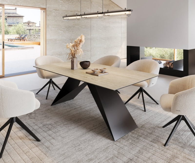 Jídelní stůl Edge 200x100 keramika travertin přírodní podnož ve tvaru