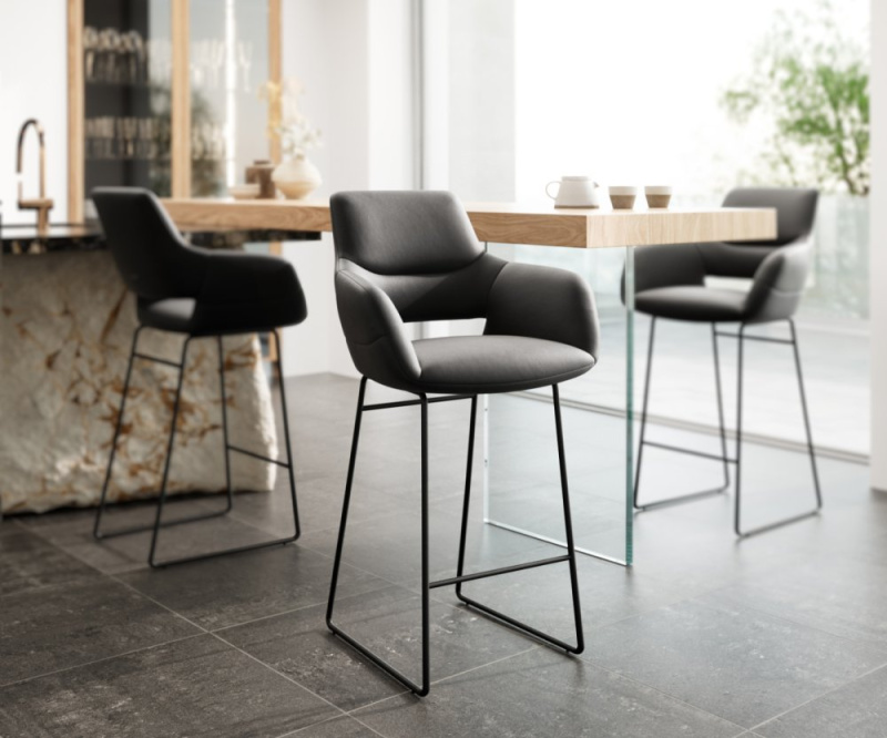 Barová židle Yago-Flex tenká podnož kovová černá pravá kůže černá