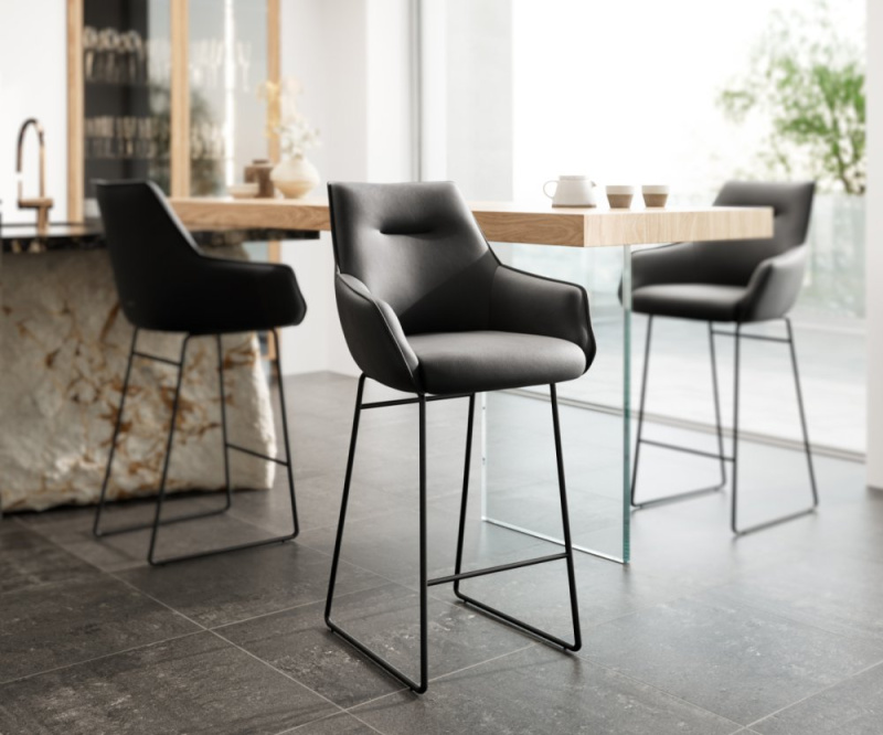 Barová židle Alja-Flex tenká podnož kovová černá pravá kůže černá