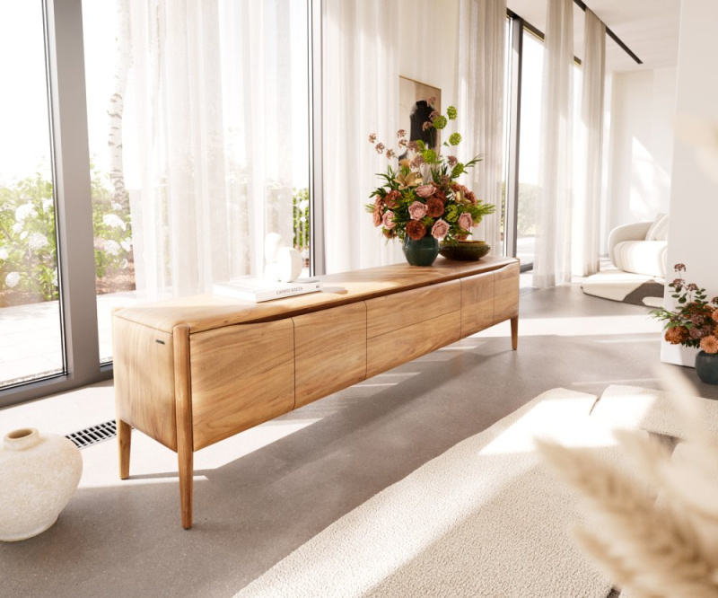 TV stolek Simcha 220 cm přírodní akácie 4 dvířka 2 zásuvky