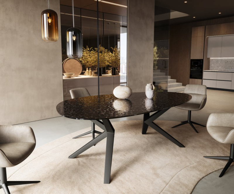 Jídelní stůl Edge oválný 220x120 reliéfní sklo kouřově černá 3D design