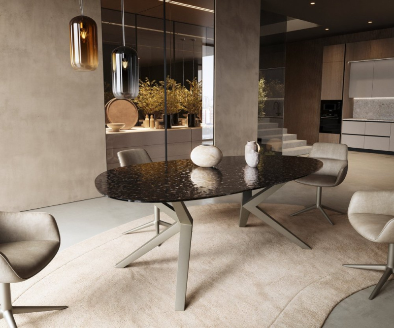 Jídelní stůl Edge oválný 220x120 reliéfní sklo kouřově černá 3D design
