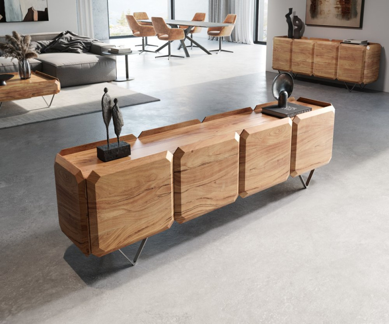 TV stolek Kiano 200 cm přírodní akácie 4 dvířka podnož ve tvaru "V"