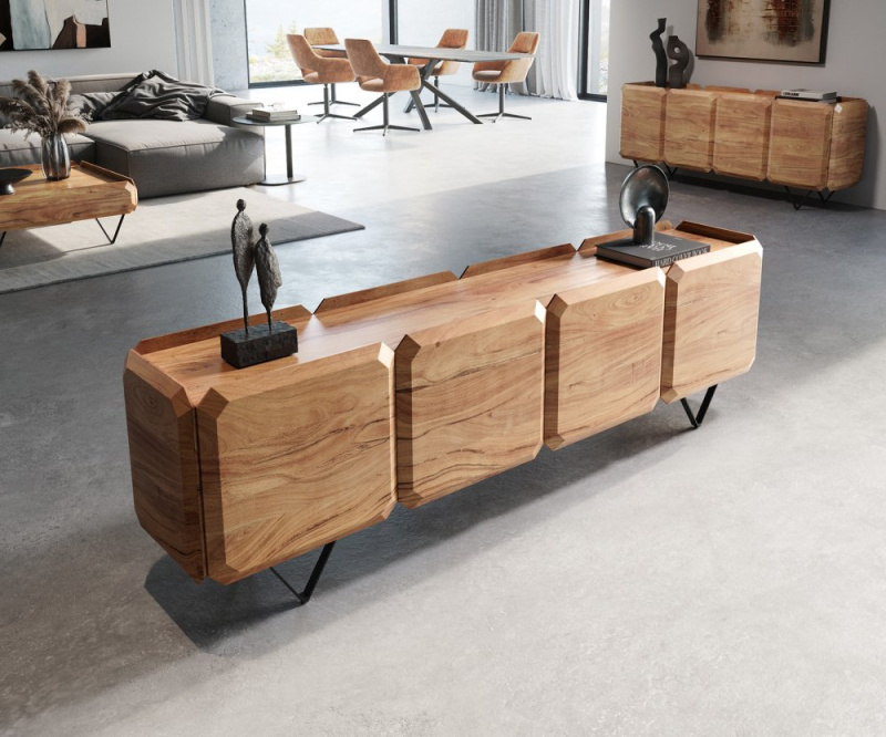 TV stolek Kiano 200 cm přírodní akácie 4 dvířka podnož ve tvaru "V"